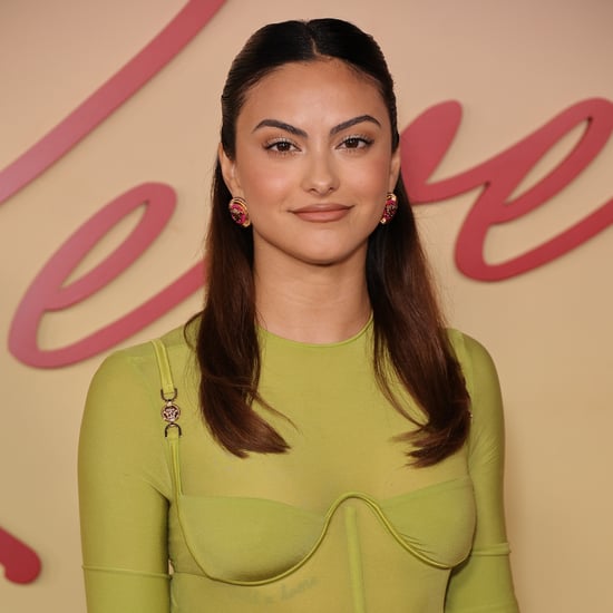 Camila Mendes Wears Green Versace Corset Top, Low-Rise Skirt