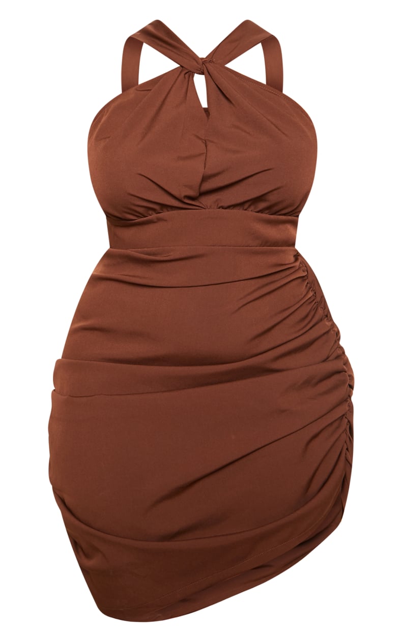 Chocolate Brown Ruched Side High Neck Midi Dress