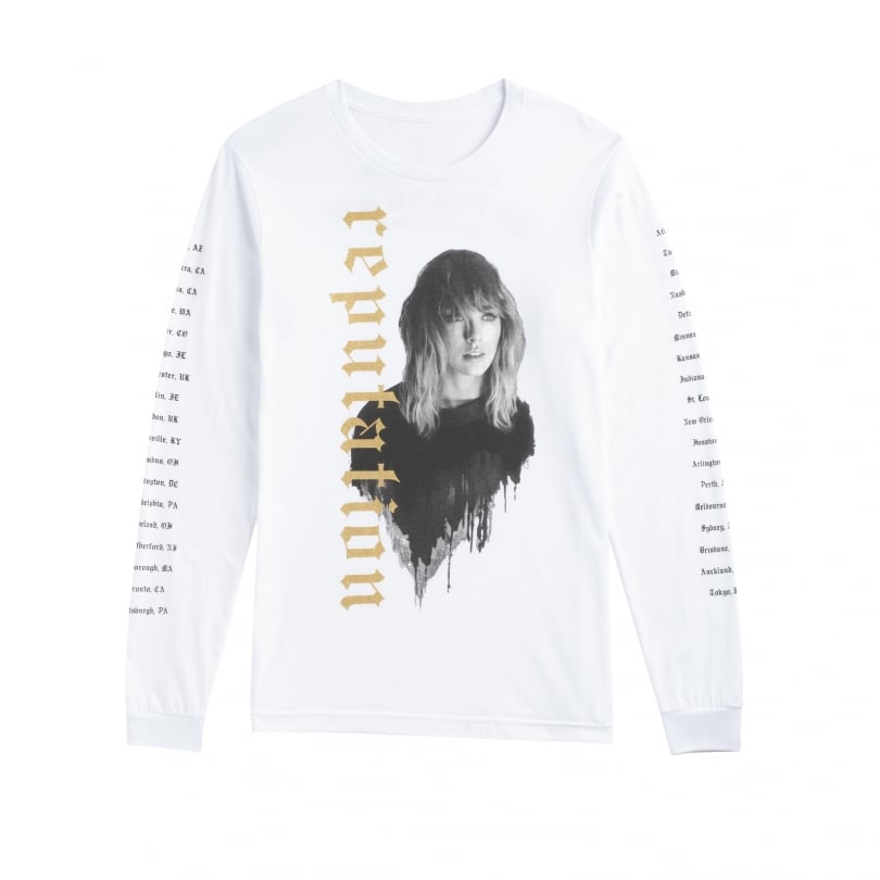 White Long Sleeve Tour Tee With Reputation In Gold