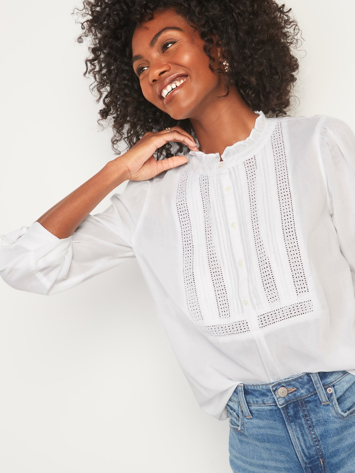 Ruffled Pintucked-Yoke Popover Blouse 
