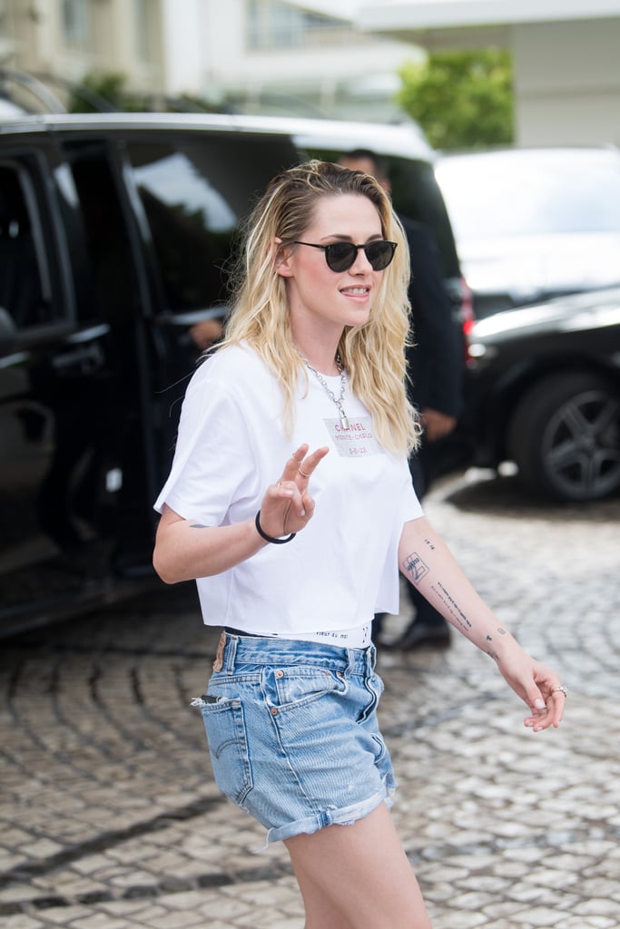 Kristen Stewart in a Chanel T-Shirt and Denim Shorts at the Cannes Film Festival