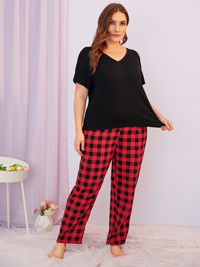 Shein Plus V Neck Buffalo Plaid Pajama Set