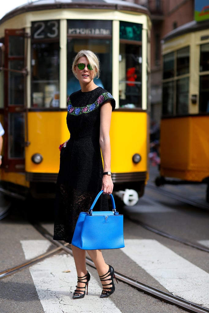 If your LBD has any colored embellishments, play it up by coordinating accessories. An oversize blue handbag, for example, will help infuse a jolt of interest.