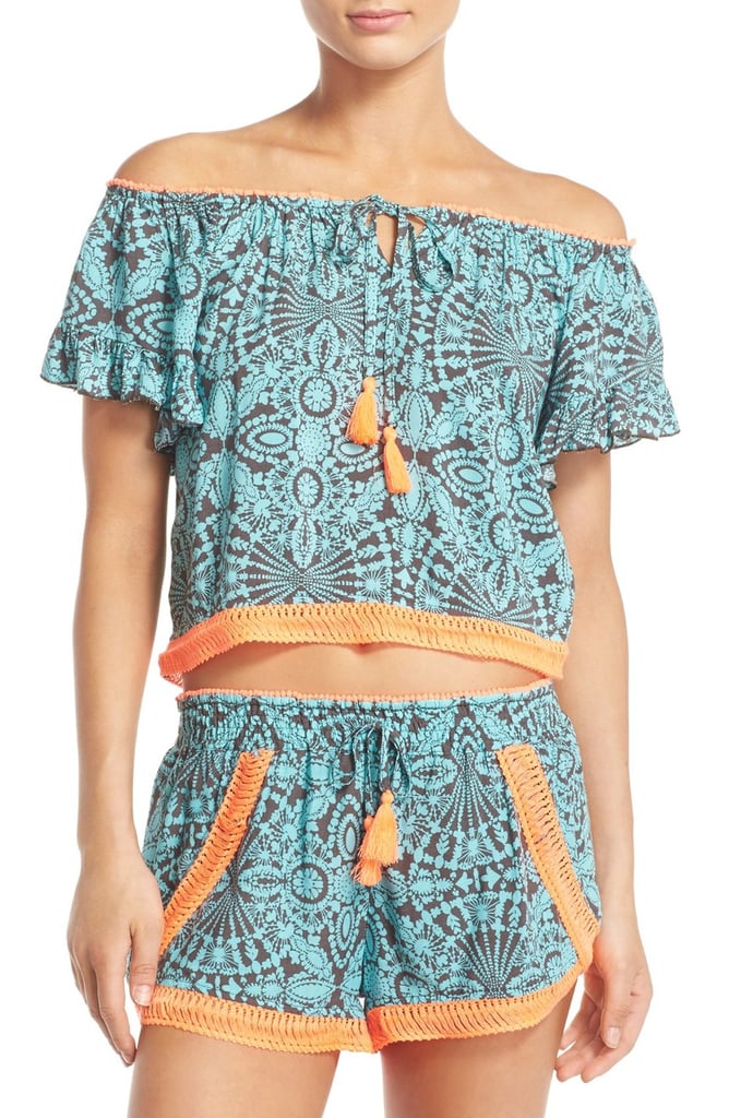 Surf Gypsy Off the Shoulder Cover-Up Top ($45) and Crochet Trim Cover-Up Shorts ($45)