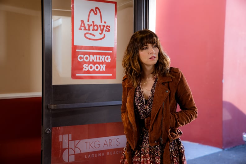 Judy's Metallic Floral Dress and Corduroy Moto Jacket on Dead to Me