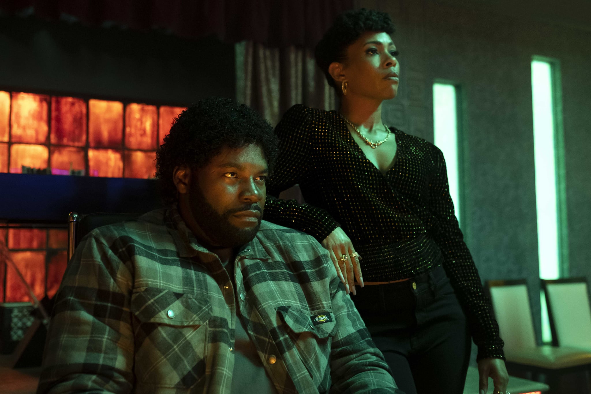 Amin Joseph as Jerome and Angela Lewis as Louie in Snowfall season six.