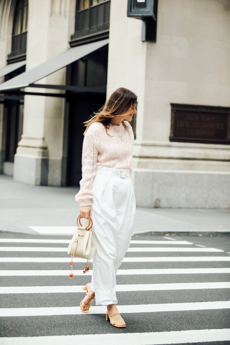 Easy Outfits: A Pastel Sweater, White Pants, Sandals, and a Bag