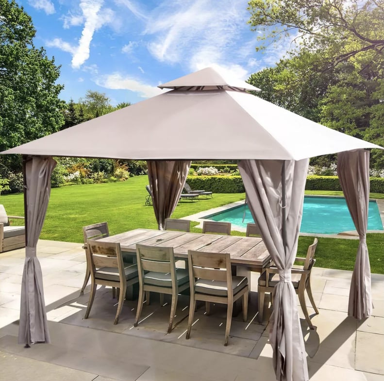 Khaki Outdoor Gazebo with Curtains and Vented Double Roof