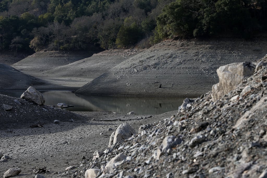 San Jose's Almaden Reservoir has strikingly low water levels.
