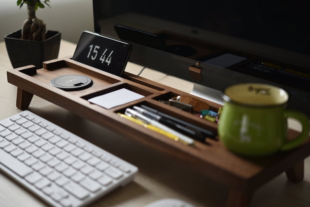 A Desk Essential: Black Walnut Wood Desk Organizer with Wireless Charger