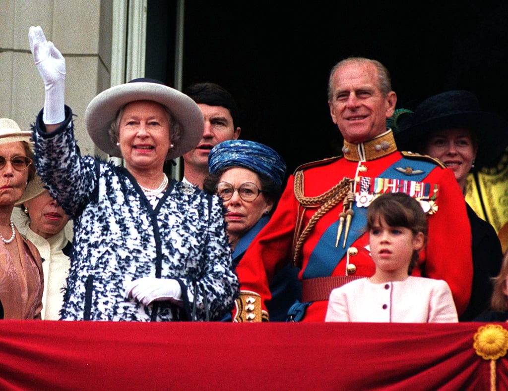 Philip stood with a young Princess Eugenie during the 1998 Trooping the Colour.