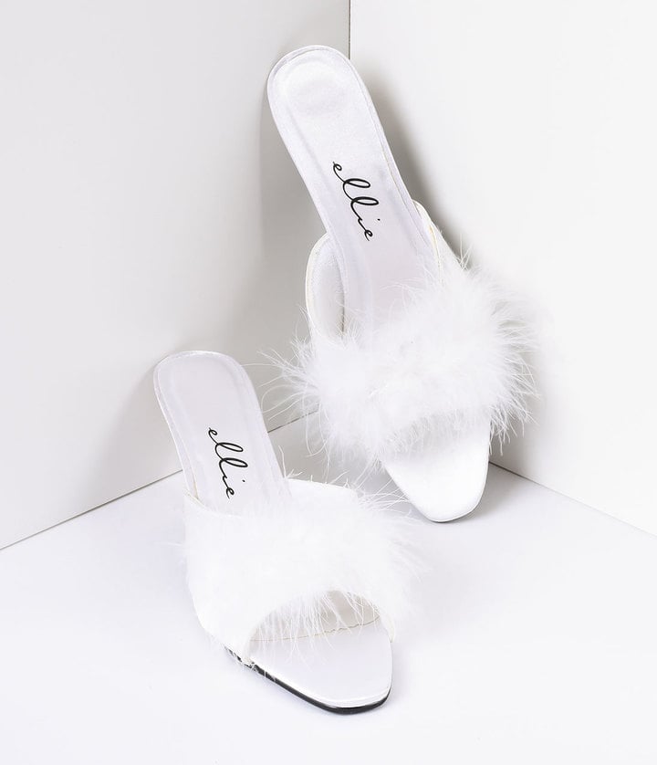 Unique Vintage White Satin & Maribou Feather Phoebe Slip-On Heels