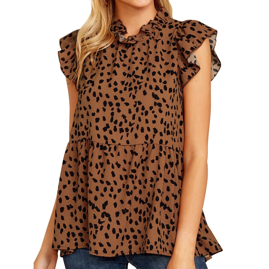 Nlife Women Ruffled Sleeve Button Closure Polka Dots Printed Pleated Shirt