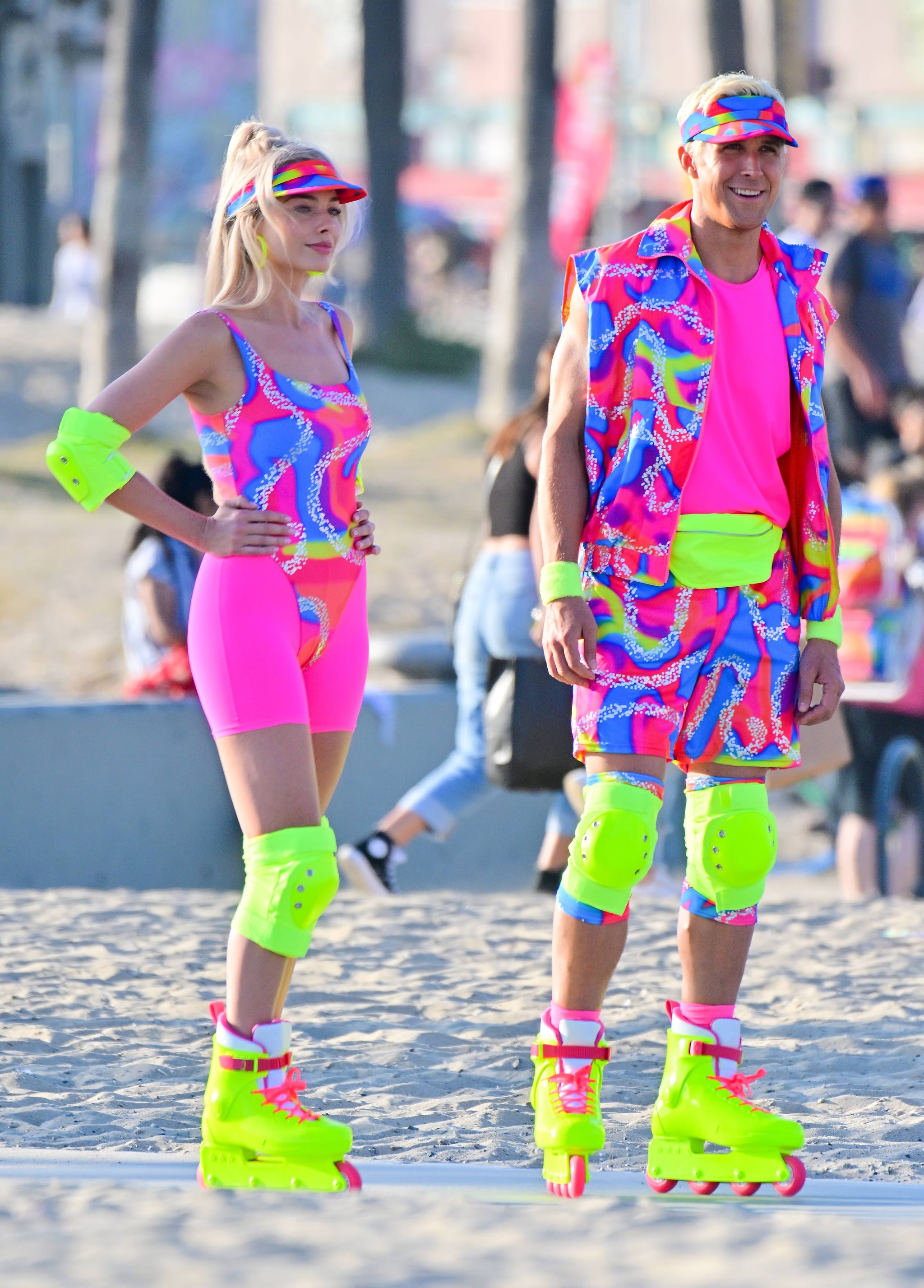 LOS ANGELES CA - JUNE 27:  Margot Robbie and Ryan Gosling film new scenes for 'Barbie' in Venice California. 27 Jun 2022. (Photo by MEGA/GC Images)