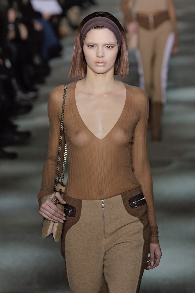 Kendall sported bleached eyebrows and a sheer top at the Marc Jacobs show at New York Fashion Week.