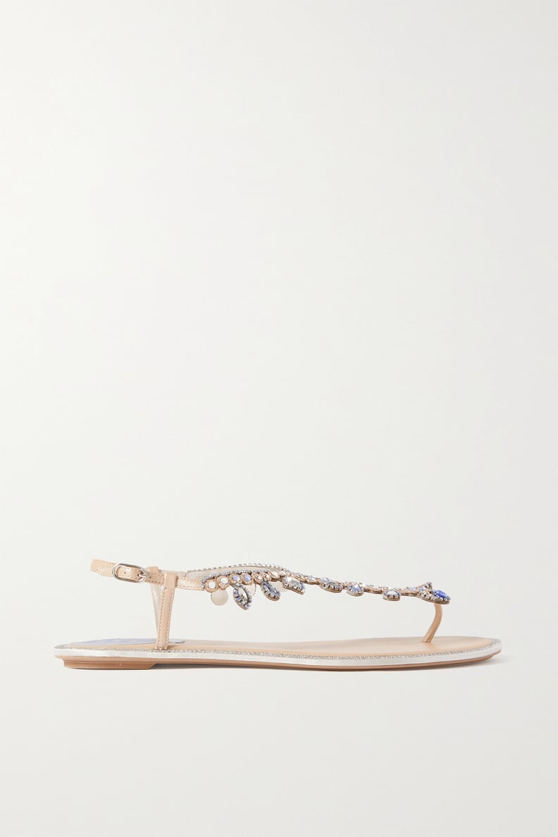 René Caovilla Beige Crystal-Embellished Leather Slingback Sandals