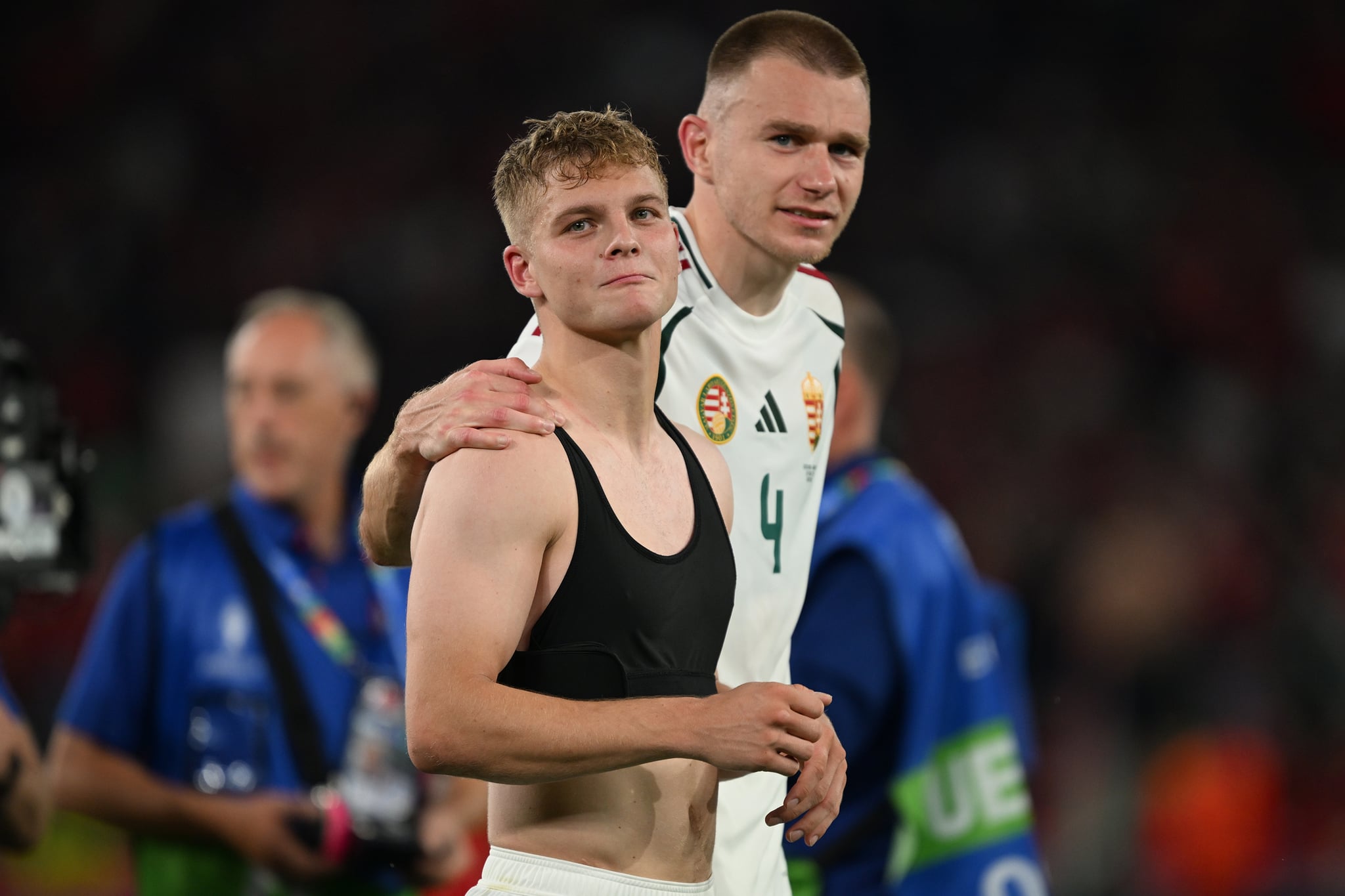 STUTTGART, GERMANY - JUNE 23: Kevin Csoboth and Attila Szalai (R) of Hungary celebrate at the end of UEFA EURO 2024 Group A football match between Scotland and Hungary at Stuttgart Arena in Stuttgart, Germany on June 23, 2024. (Photo by Gokhan Balci/Anadolu via Getty Images)