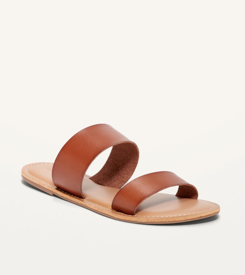 Faux-Leather Double-Strap Slide Sandals