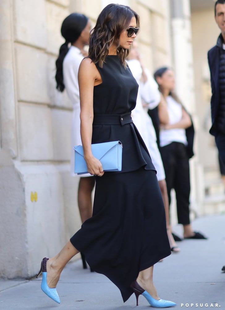 Victoria Beckham Black Dress and Blue Heels in Paris | POPSUGAR Fashion