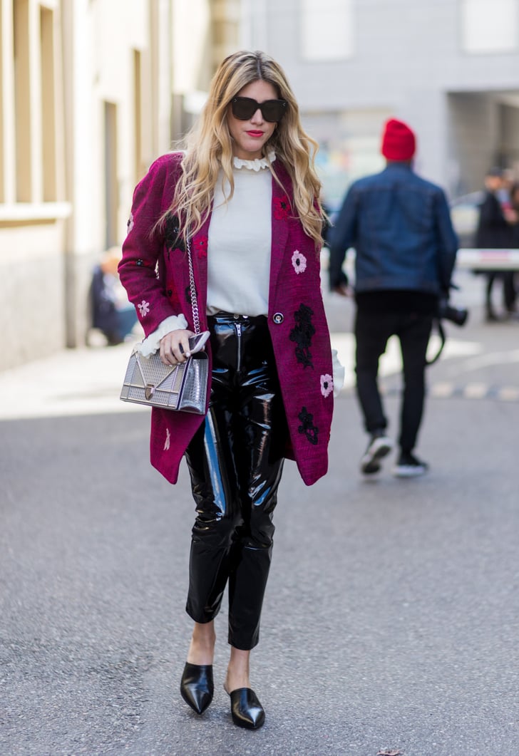 Contrast leather mules with electrifying patent pants. What to Wear
