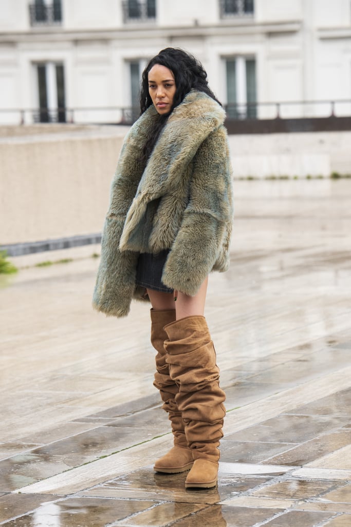An Oversized Fuzzy Coat Balances Slouchy Knee-High Boots