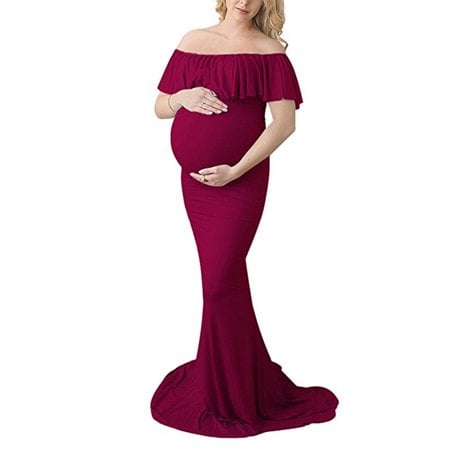 DYMADE Women's Off Shoulder Ruffles Maternity Slim Fit Gown