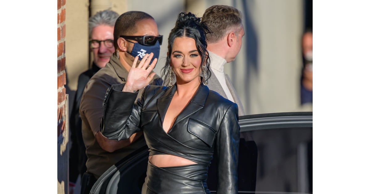 Katy Perry Wears Cropped Leather Wrap Blazer and Pants