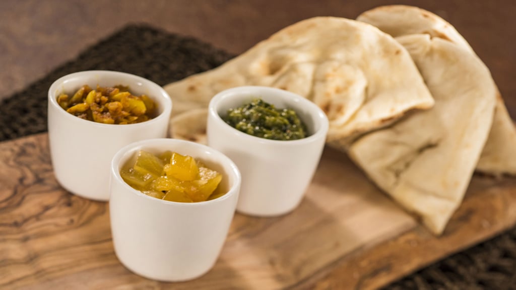 India: Warm Indian Bread With Pickled Garlic, Mango Salsa, and Coriander Pesto Dips (Vegetarian)