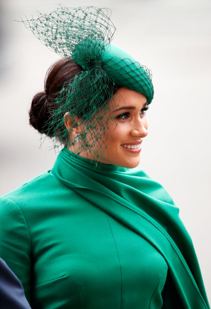 Remembered as one of her final appearances as a working royal at Commonwealth Day in 2020, Markle chose an emerald-green Emilia Wickstead cape dress and hat by William Chambers, which served as a stunning ode to her late mother-in-law.