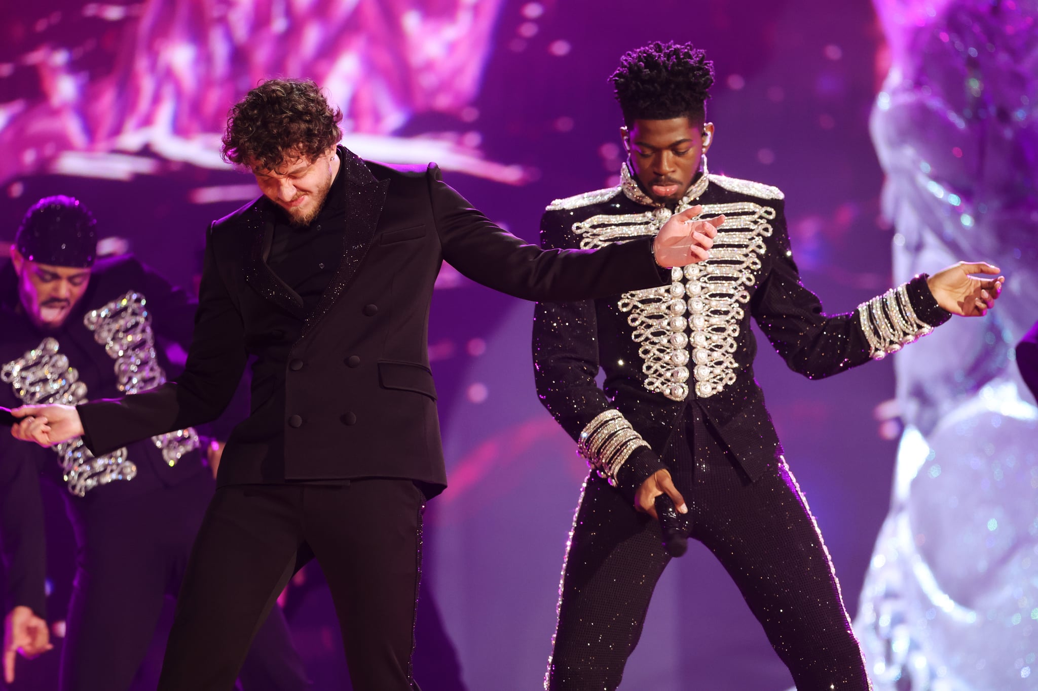LAS VEGAS, NEVADA - APRIL 03: (L-R) Jack Harlow and Lil Nas X perform onstage during the 64th Annual GRAMMY Awards at MGM Grand Garden Arena on April 03, 2022 in Las Vegas, Nevada. (Photo by Rich Fury/Getty Images for The Recording Academy)