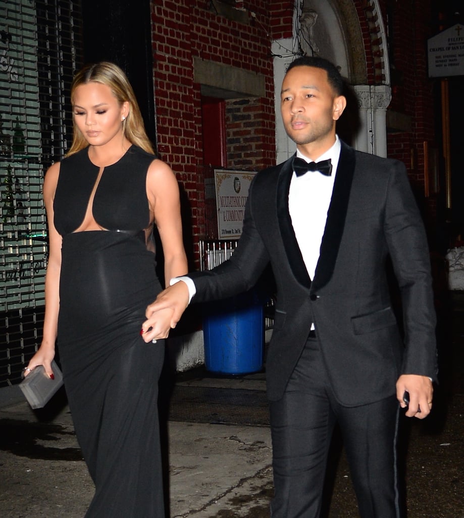 Chrissy Teigen Wearing a Long Black Dress