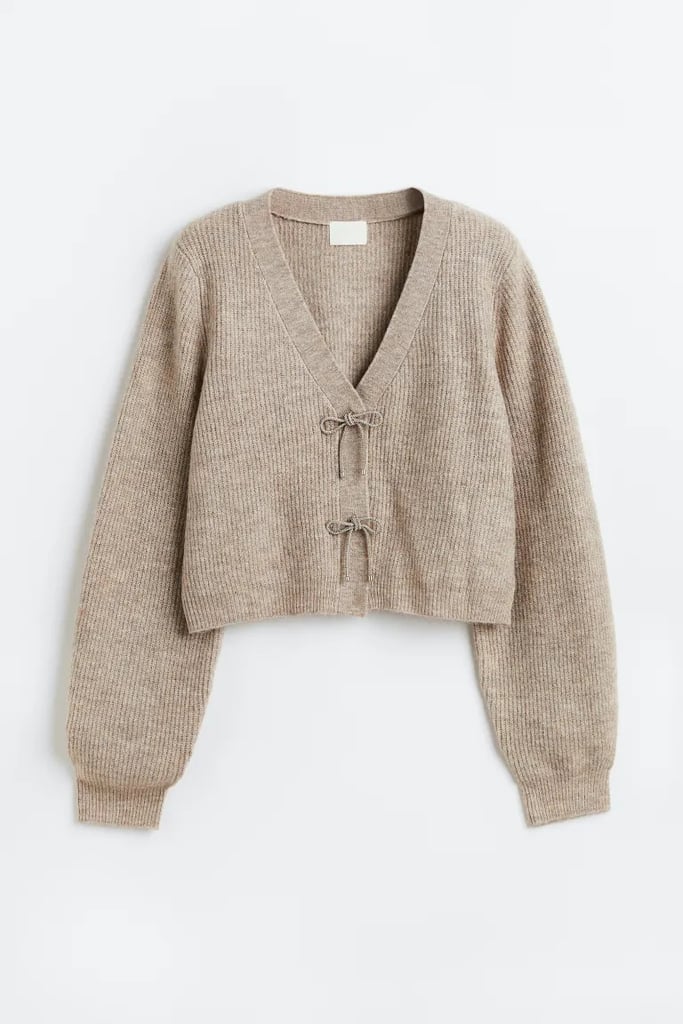 H&M Rhinestone-Bow Rib-Knit Cardigan