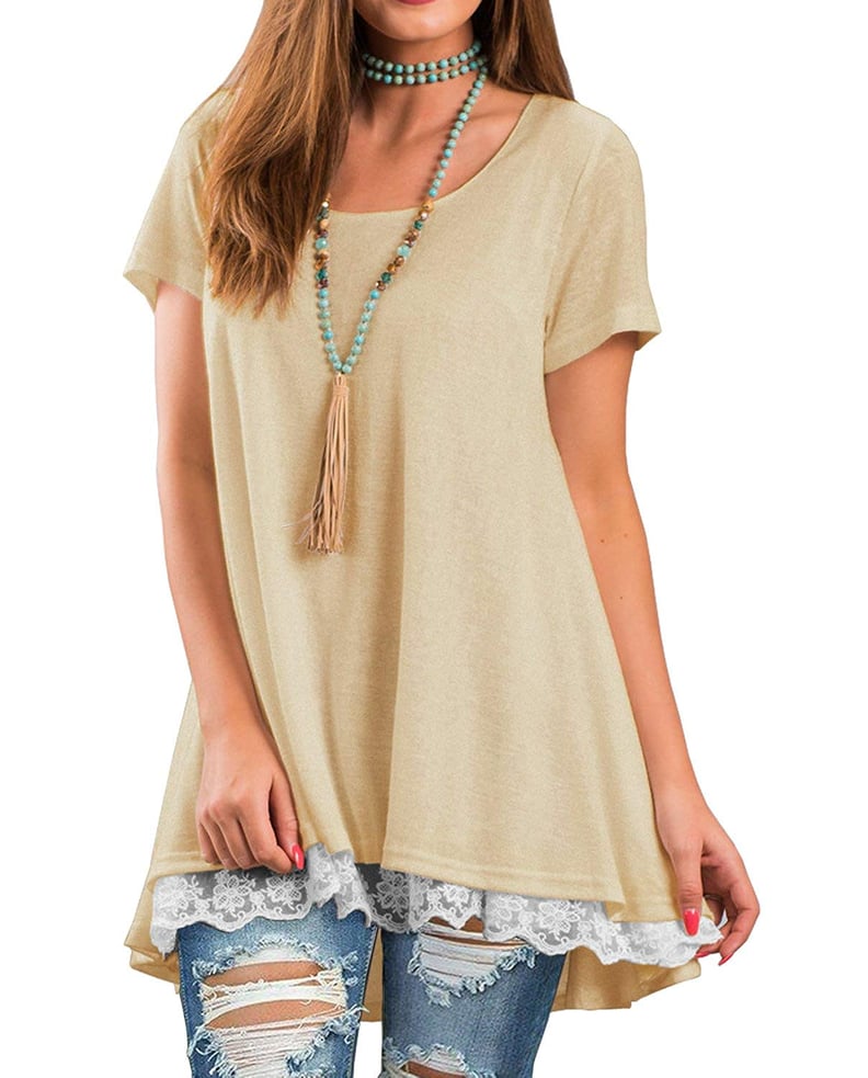 QIXING Lace Short Sleeve Tunic Top