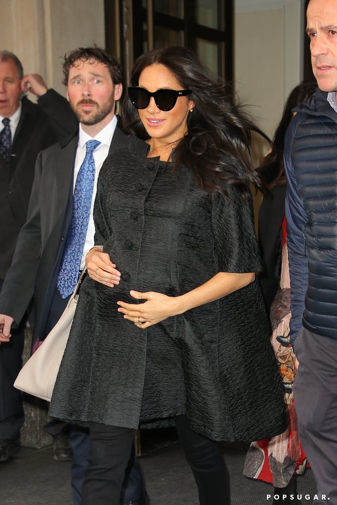 Meghan Markle is awaiting the arrival of her first child with Prince Harry, but first, she is celebrating with her nearest and dearest. After making a secret solo trip to NYC over the weekend, the Duchess of Sussex was spotted leaving The Mark Hotel — which is the reported venue of her baby shower — on Tuesday. Clad in an all-black ensemble, Meghan looked positively radiant as she cradled her baby bump while making her way to a nearby restaurant for lunch with her former Suits costar Abigail Spencer, who was spotted carrying a blue gift bag. Hmm . . .
On Tuesday night, Meghan stepped out again for an intimate dinner with friends Serena Williams, Markus Anderson, Abigail Spencer, and Jessica Mulroney. She was again dressed in dark colors, wearing a navy Victoria Beckham coat and black boots. 
For the big event on Wednesday, Meghan was joined at the Mark Hotel by Serena and Amal Clooney, who are reportedly said to be the shower's hostesses. Jessica Mulroney was also in attendance, as were Gayle King, Markus, and fellow fashion designer Misha Nonoo.
Meghan is expected to give birth in late April. While the royal couple are keeping the baby's sex a surprise, the little bundle of joy will be making royal history as the first British-American baby born into the royal family. So exciting! 

    Related:

            
            
                                    
                            

            Are Harry and Meghan Planning to Give Their Kid an American Education?