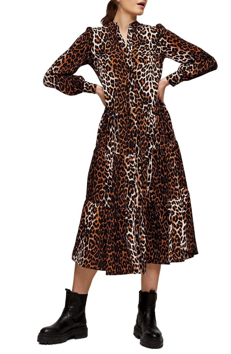 Topshop Leopard Print Tiered Long Sleeve Midi Shirtdress