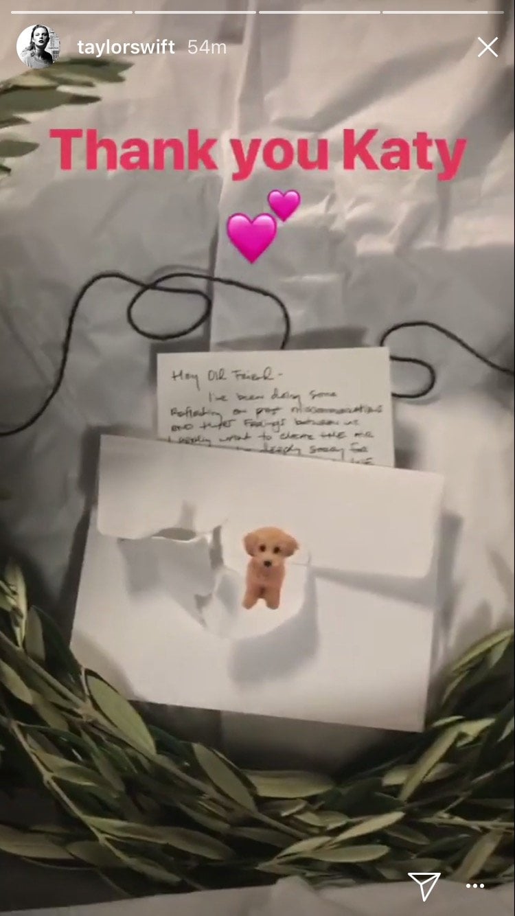 May 8, 2018:  Katy Perry Sends Swift a Literal Olive Branch