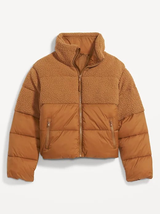 Short Sherpa-Paneled Puffer Jacket