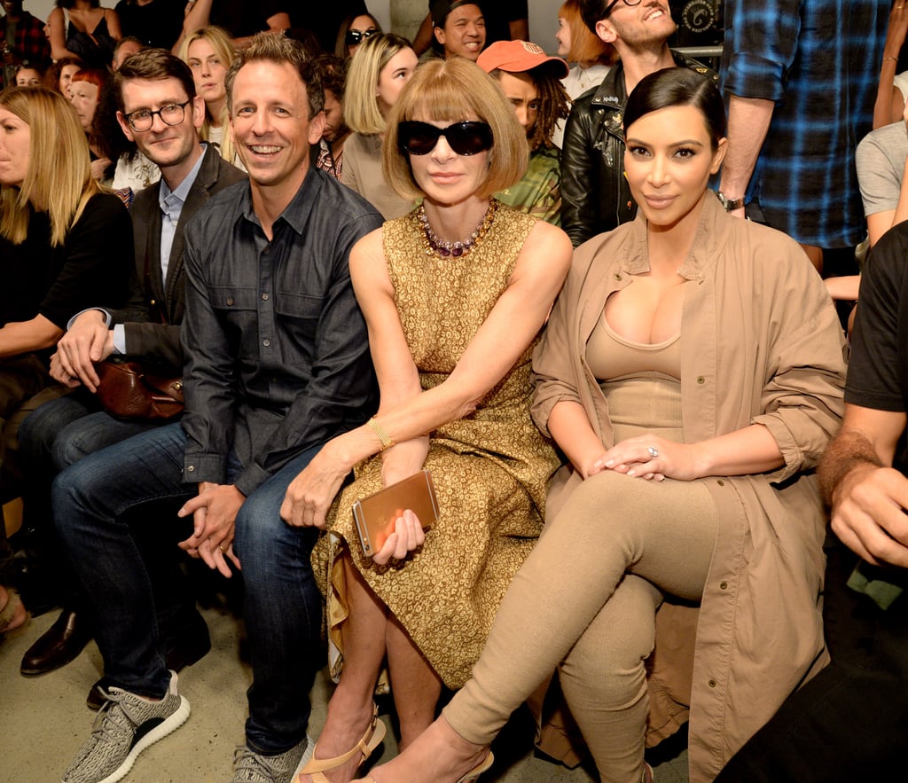 Seth Meyers, Anna Wintour, and Kim cozied up in the front row at the Yeezy show — what a trio!