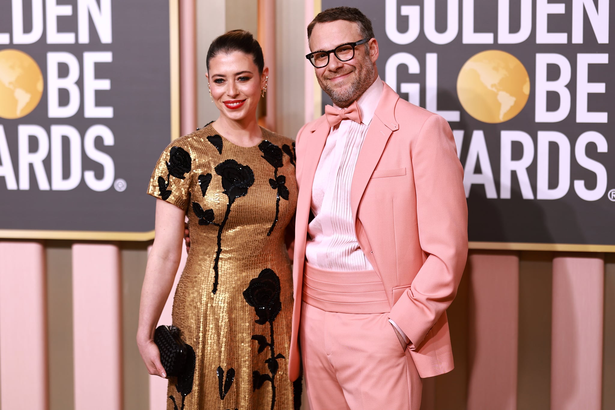 BEVERLY HILLS, CALIFORNIA - JANUARY 10: (L-R) Lauren Miller and Seth Rogen attend the 80th Annual Golden Globe Awards at The Beverly Hilton on January 10, 2023 in Beverly Hills, California. (Photo by Matt Winkelmeyer/FilmMagic)