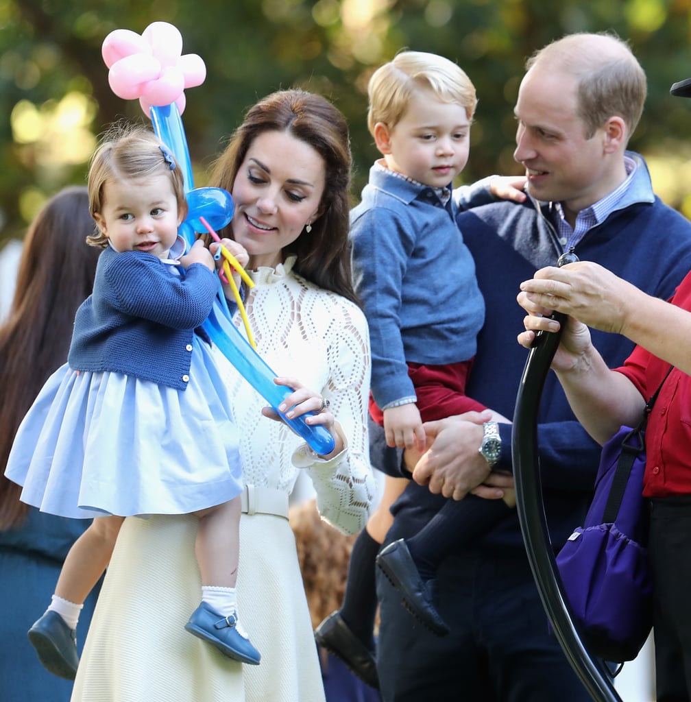 For their fun play date in Canada, George and Charlotte traded in their airport looks for another pair of matching blue outfits. Charlotte donned three different shades of blue, while George spruced up his outfit with some red shorts.