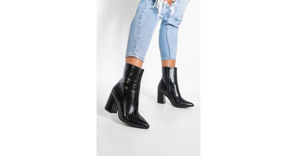 pu croc painted block heel sock boot