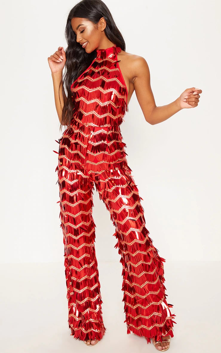 PrettyLittleThing Red Sequin High Neck Jumpsuit