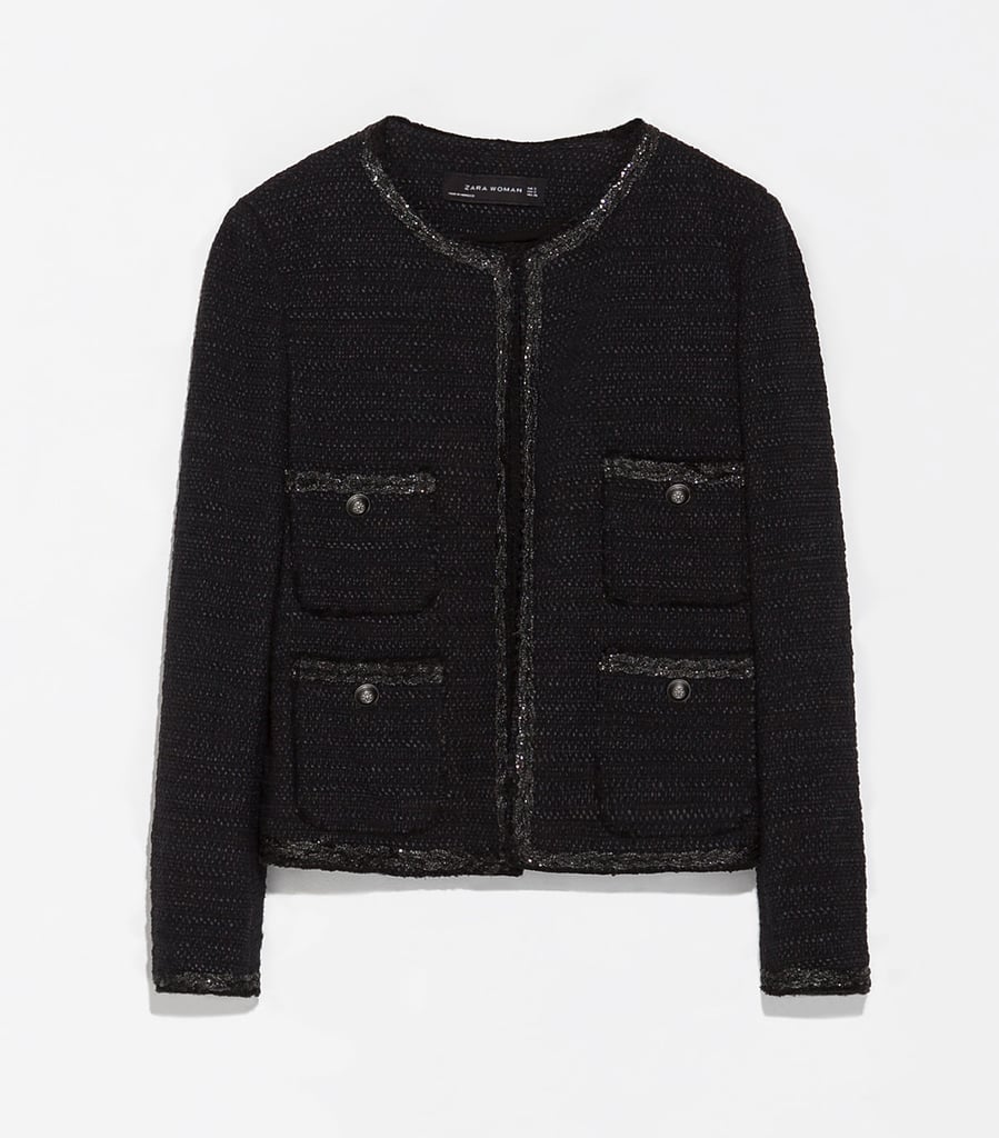 Zara dark navy tweed jacket ($159)
