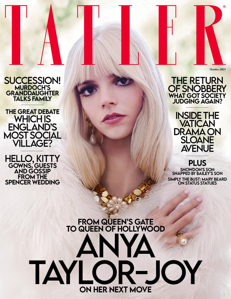 Anya Taylor-Joy's mermaid transformation is complete. Like Ariel swapping her tail for legs in The Little Mermaid, the Queen's Gambit star embraced her inner sea goddess in her latest cover shoot for Tatler's October issue. Posing on a terrace overlooking a lush cluster of trees, Anya found herself engulfed in an ombré Christian Dior gown with a collared halter top and an open back. 
Like the scales on a mermaid tail, every ruffle reflected a slightly different shade of ocean blue and seafoam green. Pooling around her feet in bunches of aqua and azure tulle, the dress was extravagant and breezy in a way that's definitely reminiscent of a Disney princess. Of course, Anya didn't stop at just one mesmerizing look. See her enchanting Michael Kors outfits ahead, and pick up your own copy of Tatler's October 2021 issue beginning Sept. 2.
