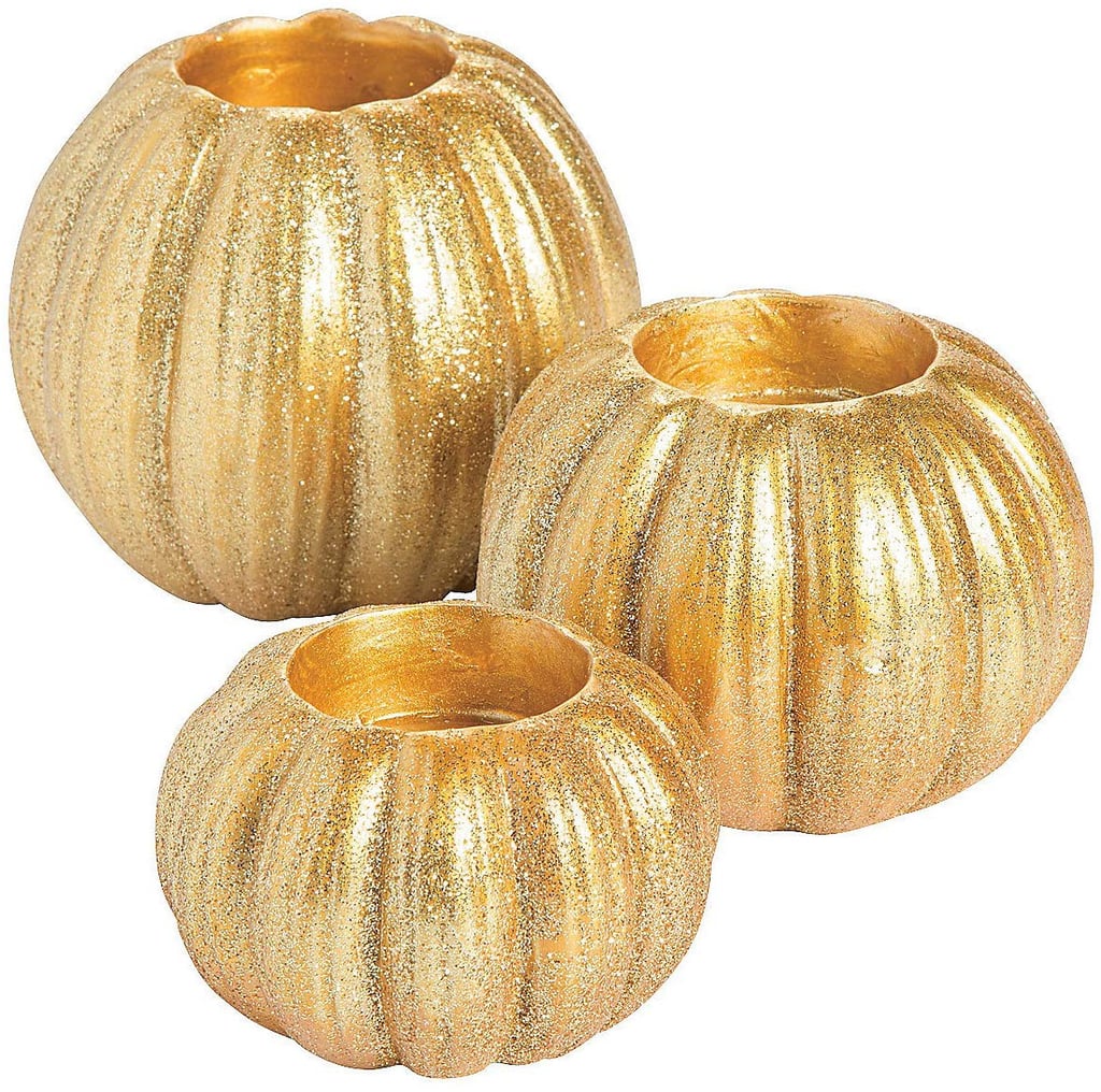 Gold Glitter Pumpkin Votive Candle Holder Set