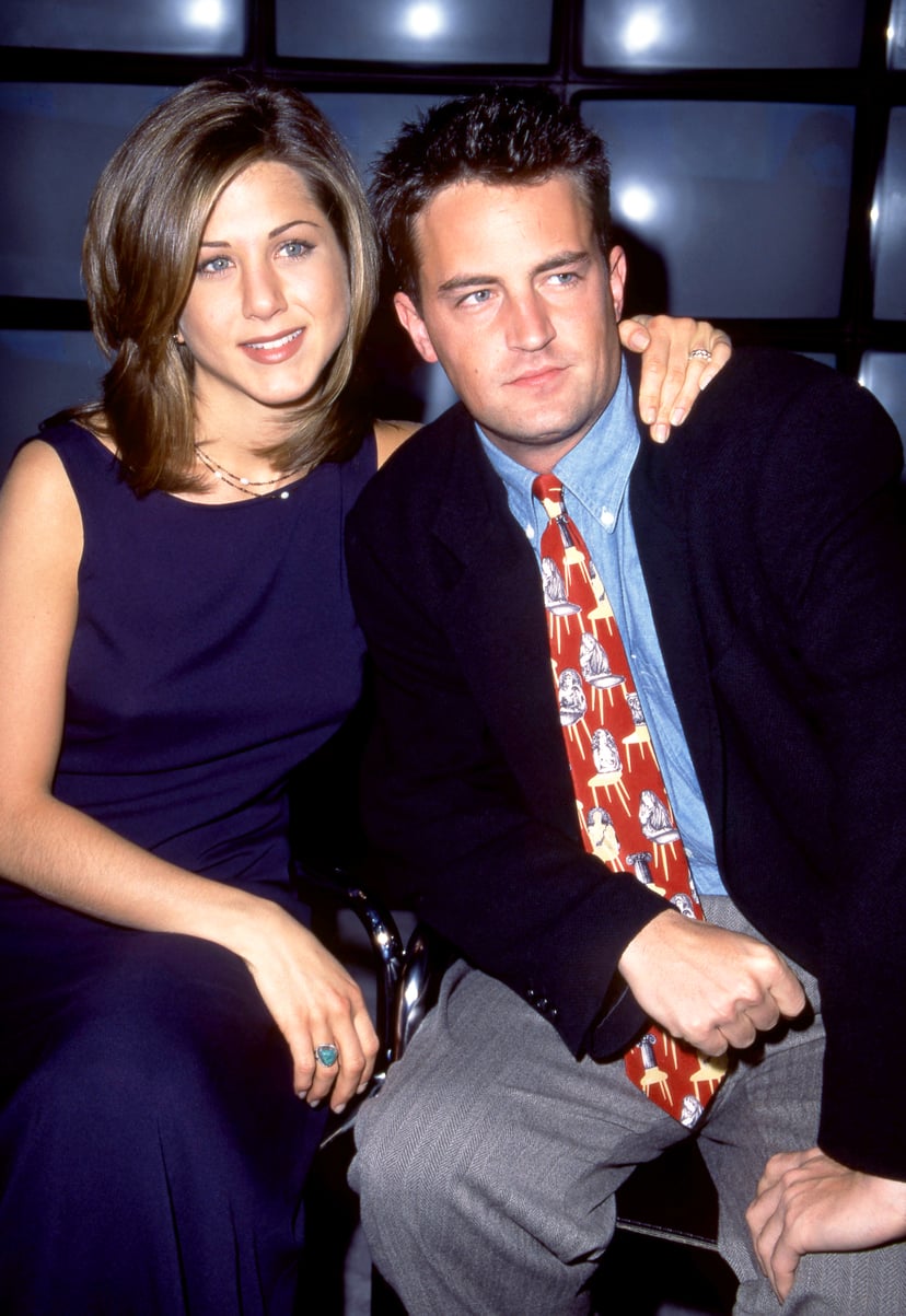 NEW YORK, NY - 1995: American actress and producer, Jennifer Aniston and Canadian-American actor, comedian and producer, Matthew Perry of the television comedy, Friend's, attend the 1995 NBC Fall Preview circa 1995 at the Lincoln Center in New York, New Y
