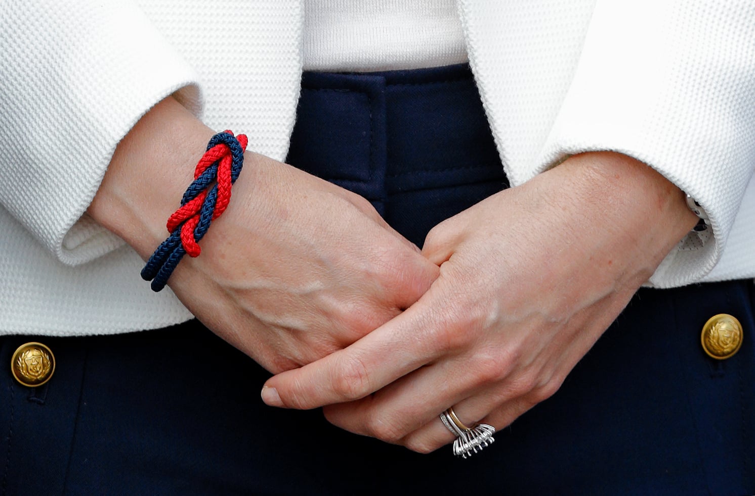 LONDON, UNITED KINGDOM - JUNE 16: (EMBARGOED FOR PUBLICATION IN UK NEWSPAPERS UNTIL 48 HOURS AFTER CREATE DATE AND TIME) Catherine, Duchess of Cambridge (bracelet detail) visits the 1851 Trust roadshow at the Docklands Sailing and Watersports Centre on June 16, 2017 in London, England. The 1851 Trust (of which The Duchess of Cambridge is Patron) is the official charity of Land Rover Ben Ainslie Racing, the British America's Cup team. (Photo by Max Mumby/Indigo/Getty Images)