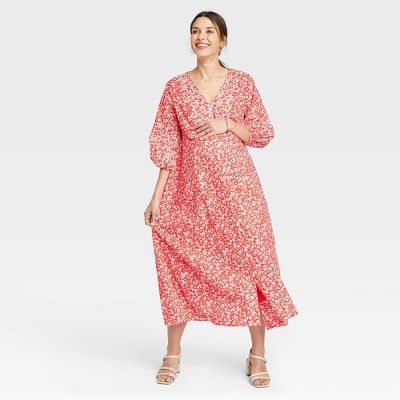 The Nines by Hatch Floral Print 3/4 Sleeve Button-Front Poplin Maternity Dress