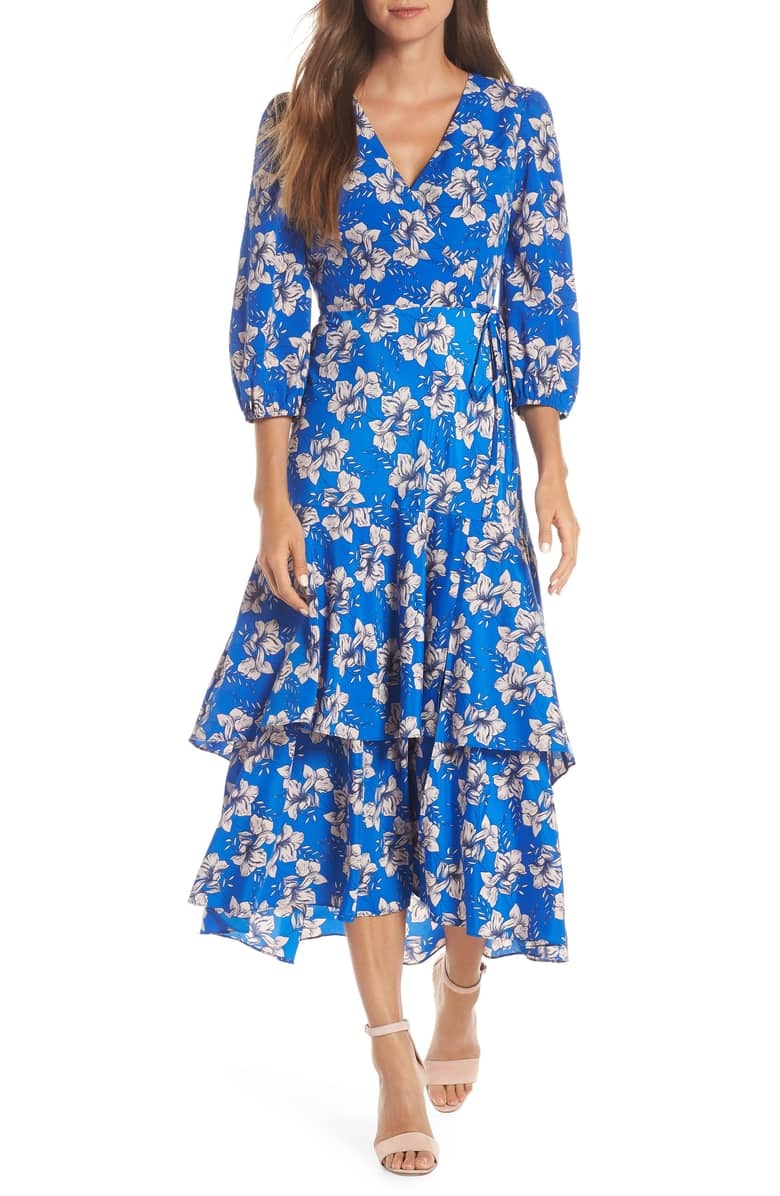 Eliza j ruffle sleeve clearance floral faux wrap dress