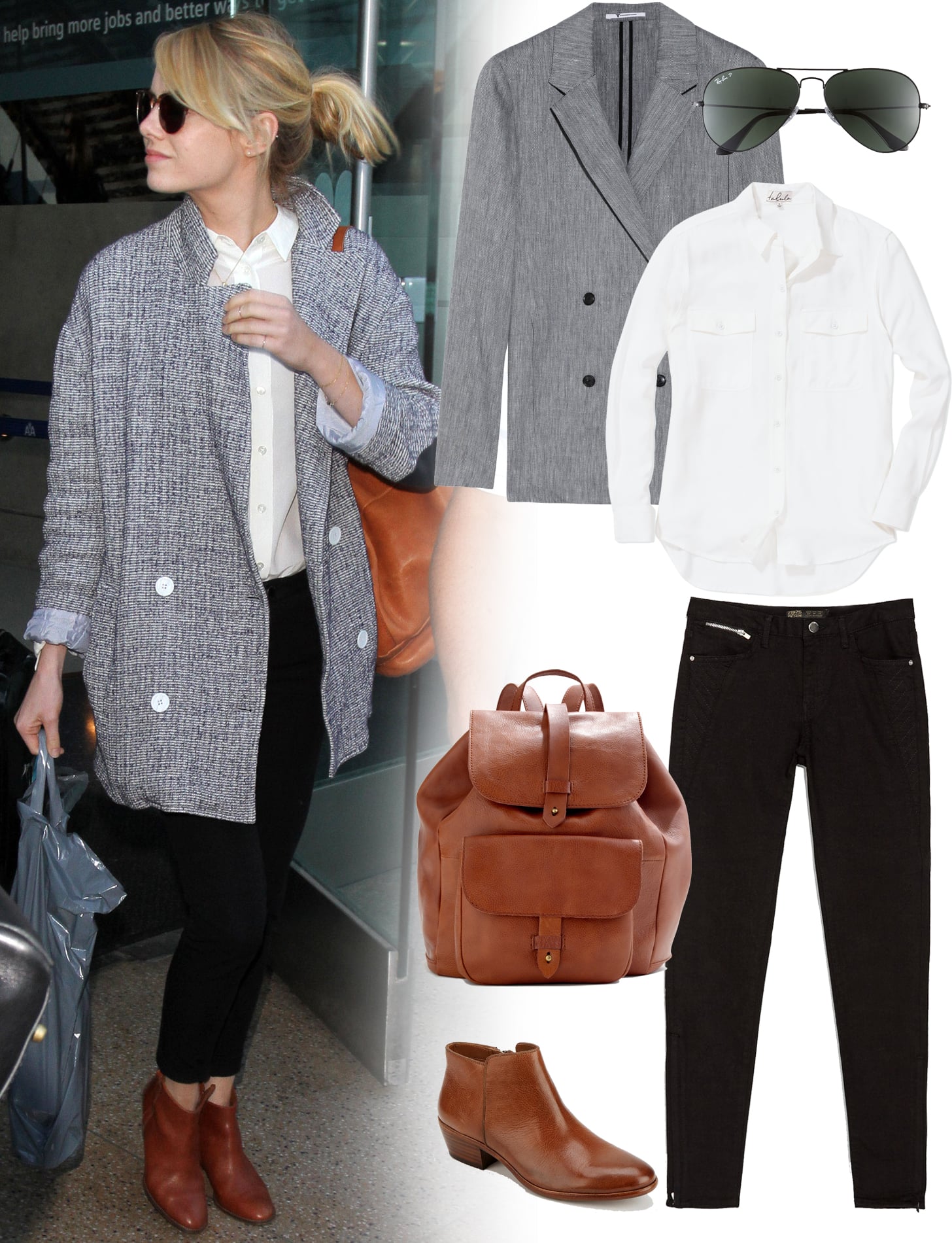 Emma Stone Airport Outfit With Madewell Leather Backpack | POPSUGAR Fashion